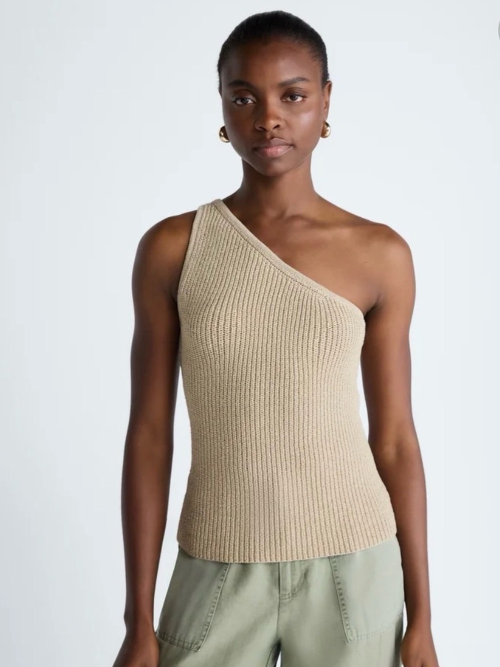 One-Shoulder Ribbed Knit Top in Beige with Golden threads